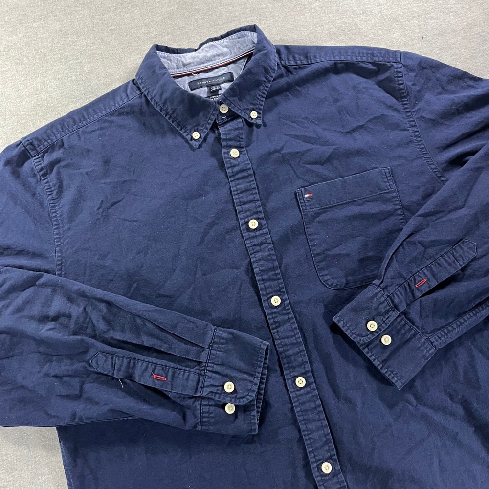 Tommy Hilfiger Mens XL Custom Fit Navy Blue Long Sleeve Button Down Shirt